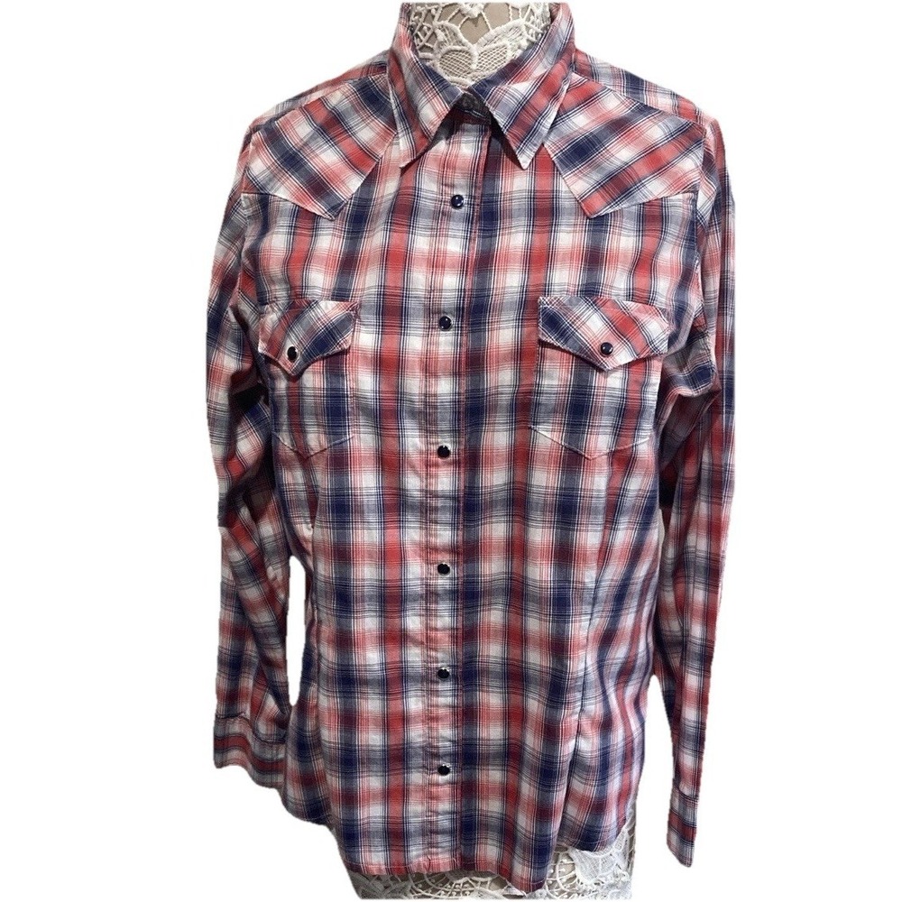 Wrangler A Real As Wrangler Womens XL Western Plaid Snap Shirt Red Blue Pearl